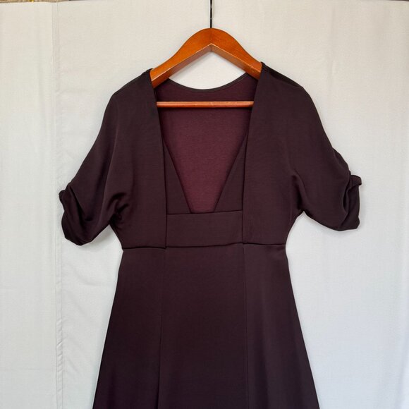COS Chocolate Brown Ponte Knit Gathered Sleeve Open Back Midi Dress Size Large - Picture 6 of 14